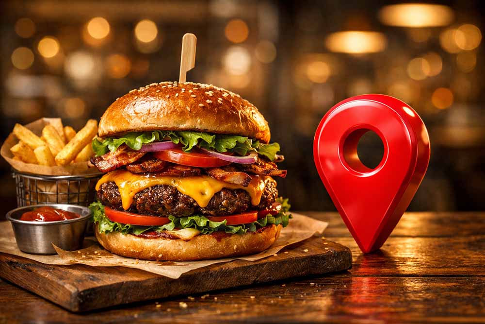 Saftiger Gourmet-Burger auf Holzbrett neben einem großen, roten Google Maps Standort-Pin, symbolisiert lokale Auffindbarkeit und Direktbestellungen